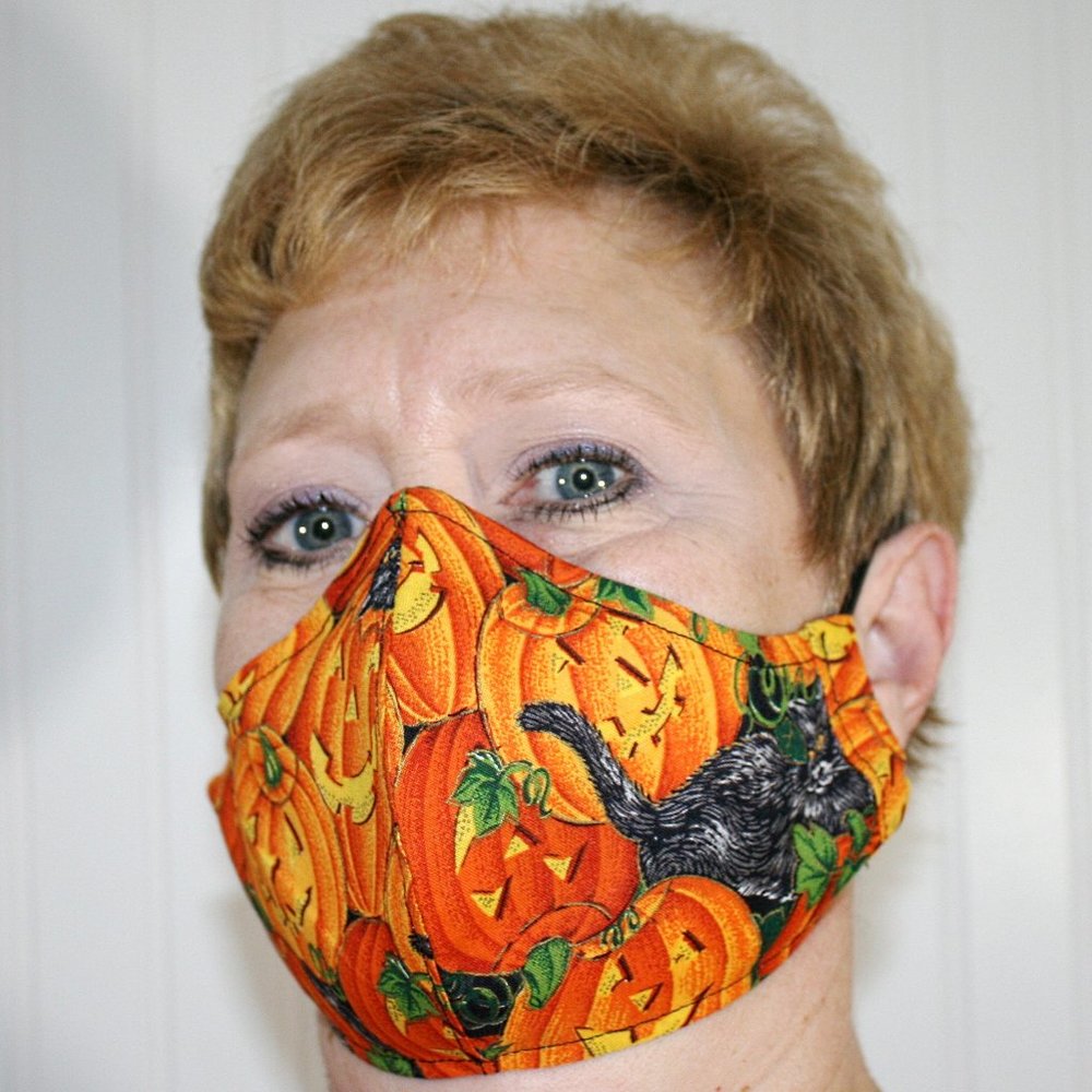 HAND CRAFTED Face Mask Halloween Pumpkins Adult Fabric Print - Shield Style